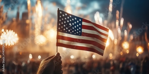 A hand holds a small American flag against a glowing city skyline as fireworks burst in the sky—freedom and pride in every spark.