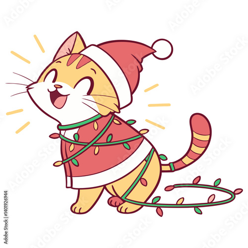 Cute Cat with Santa hat , Christmas dress, lights Colorful Cat design Vector & illustrations.