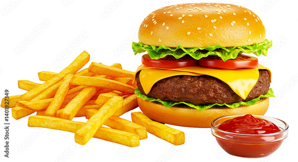 Close up of a burger with fries and ketchup on a black background for a delicious fast food meal deal Close up of a burger with fries and ketchup on a black background for a delicious fast food meal deal