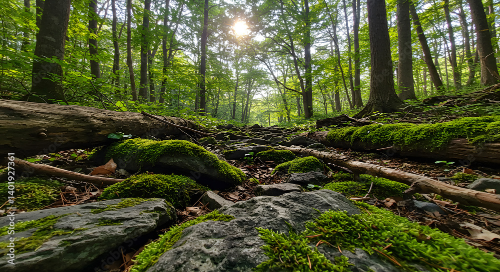 Close-up of forest floor with stones, branches, moss, and sunlight filtering through trees Close-up of forest floor with stones, branches, moss, and sunlight filtering through trees
