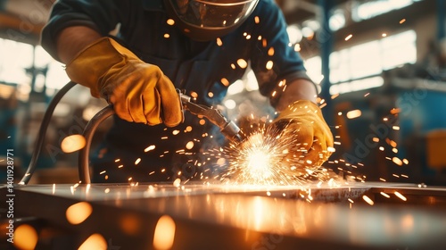 Skilled worker welding metal in a workshop during daylight, producing bright sparks and showcasing craftsmanship