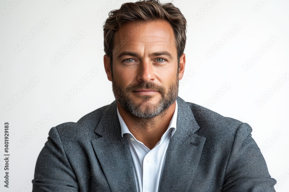 Man with a beard in a jacket, looking intently at the camera on white Man with a beard in a jacket, looking intently at the camera on white