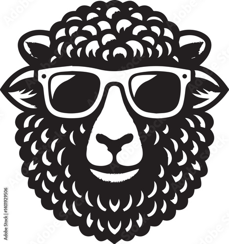 black head vector illustration of a sheep, sheep head with sunglass, silhouette vector isolated on white background