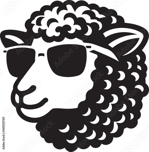 black head vector illustration of a sheep, sheep head with sunglass, silhouette vector isolated on white background