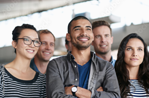 Confidence, creative and group with smile, business and happiness for men, women and collaboration. Advertising agency, designer and employees for project in company, proud and commitment for working