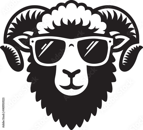 black head vector illustration of a sheep, sheep head with sunglass, silhouette vector isolated on white background