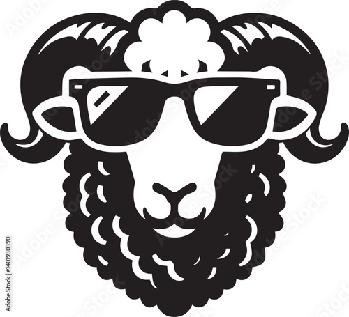 black head vector illustration of a sheep, sheep head with sunglass, silhouette vector isolated on white background