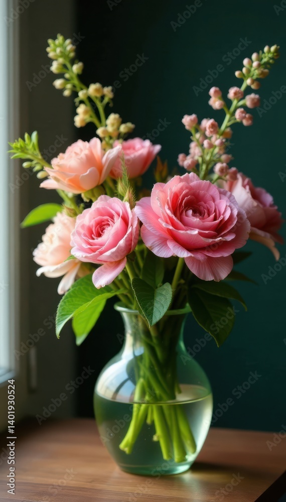 Vase with fresh flowers and lush green leaves, botanical, flowers Vase with fresh flowers and lush green leaves, botanical, flowers