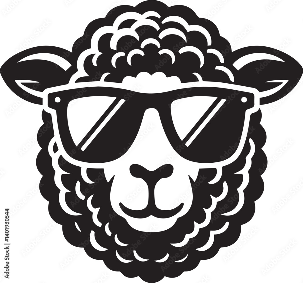 Obraz premium black head vector illustration of a sheep, sheep head with sunglass, silhouette vector isolated on white background