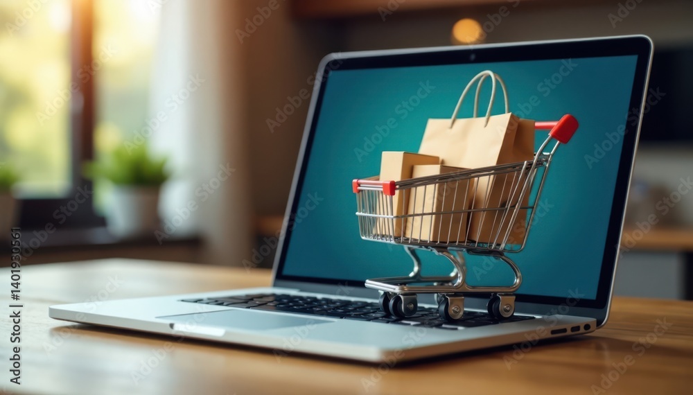 Laptop computer with shopping bag in cart, product boxes on screen, ecommerce, laptop Laptop computer with shopping bag in cart, product boxes on screen, ecommerce, laptop