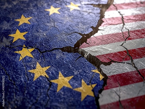 A split image of the European and American flags, with cracks showing through the center, symbolizing the rift between Europe and the United States.