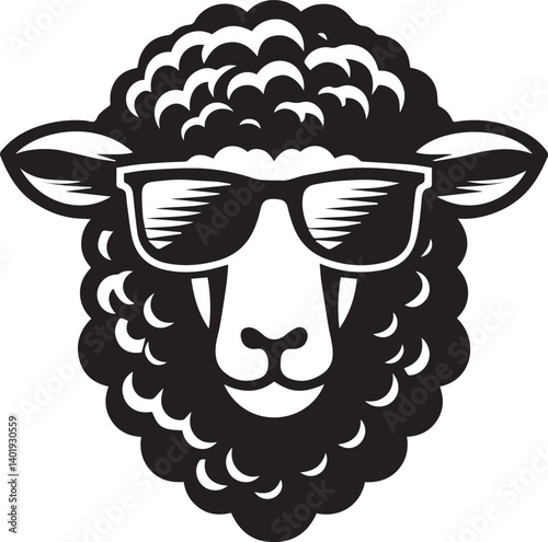 black head vector illustration of a sheep, sheep head with sunglass, silhouette vector isolated on white background