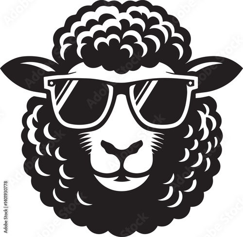 black head vector illustration of a sheep, sheep head with sunglass, silhouette vector isolated on white background