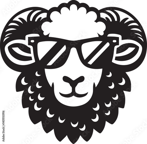 black head vector illustration of a sheep, sheep head with sunglass, silhouette vector isolated on white background