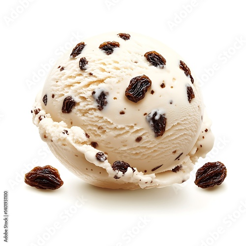 realistic scoop of creamy rum raisin ice cream placed on clean white background perfect for dessert ads and indulgent treat visuals