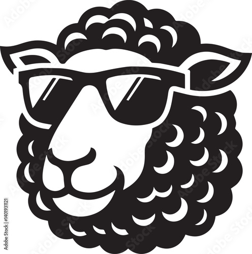 black head vector illustration of a sheep, sheep head with sunglass, silhouette vector isolated on white background