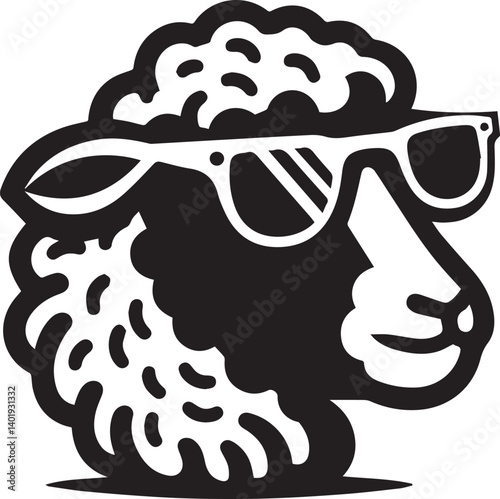black head vector illustration of a sheep, sheep head with sunglass, silhouette vector isolated on white background