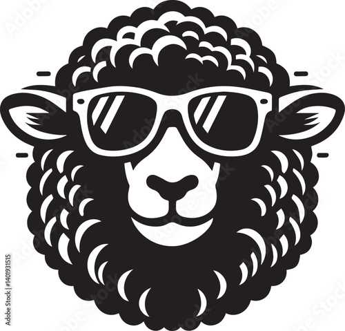 black head vector illustration of a sheep, sheep head with sunglass, silhouette vector isolated on white background