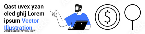 Man using laptop while explaining, dollar icon representing financial analysis, minimal circular graphic. Ideal for business, finance, education, marketing, startups, presentations flat landing page