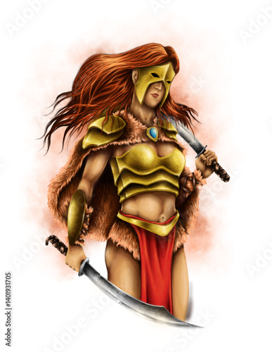 Amazonian Warrior Woman: A powerful female warrior, clad in golden armor and a fur cloak, stands defiantly, two curved swords at her side. Her fiery red hair flows dramatically.