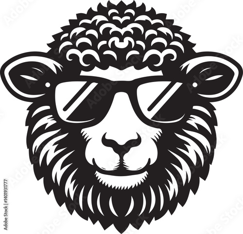 black head vector illustration of a sheep, sheep head with sunglass, silhouette vector isolated on white background