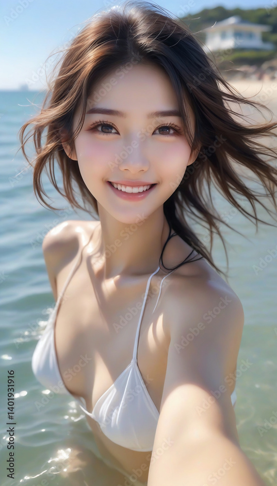 Portrait of a smiling pretty girl in a bikini by the beautiful sea.綺麗な海でビキニを着た笑顔のかわいい女の子のポートレート。 Portrait of a smiling pretty girl in a bikini by the beautiful sea.綺麗な海でビキニを着た笑顔のかわいい女の子のポートレート。