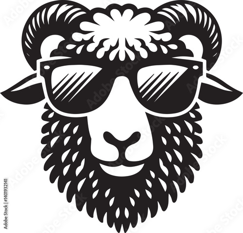 black head vector illustration of a sheep, sheep head with sunglass, silhouette vector isolated on white background