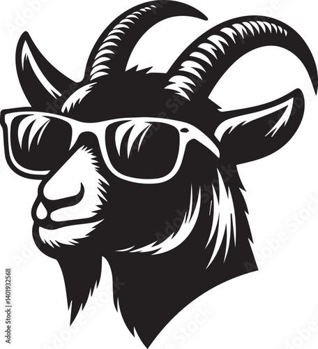 goat wearing sunglasses illustration, goat head and sunglass silhouette vector isolated on white background