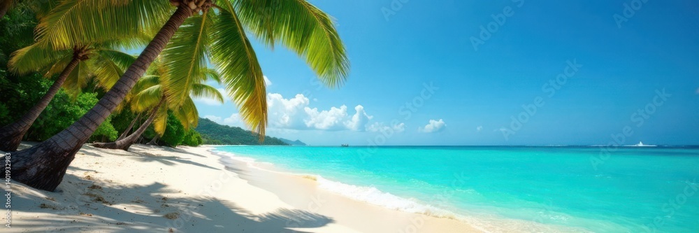 Obraz premium Sandy beach with palm trees and turquoise water, water, vacation