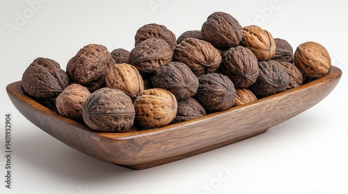 a wooden bowl filled with unshelled walnuts sits on a wooden surface against a white background the walnuts are natural showcasing their rough textured brown shells,stock image
