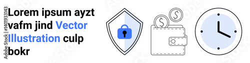 Shield with lock for security, wallet with coins for payment, clock for time management. Ideal for finance, online safety, punctuality, data security, scheduling, reliability flat landing page