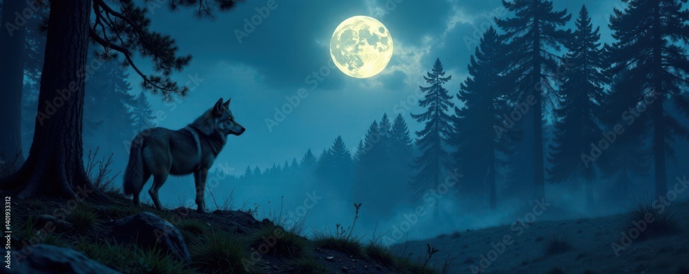 A lone wolf stands at the edge of a dense forest with a full moon overhead, scenery, nature