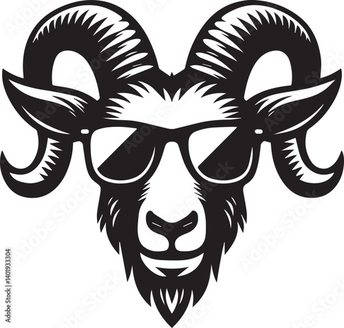goat wearing sunglasses illustration, goat head and sunglass silhouette vector isolated on white background