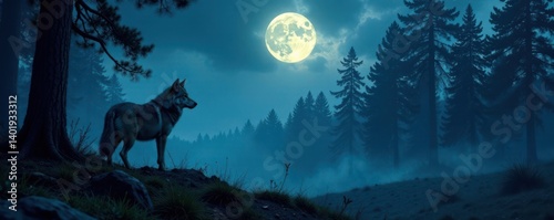 Obraz na płótnie A lone wolf stands at the edge of a dense forest with a full moon overhead, scenery, nature w salonie