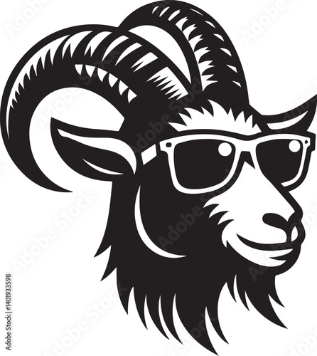 goat wearing sunglasses illustration, goat head and sunglass silhouette vector isolated on white background