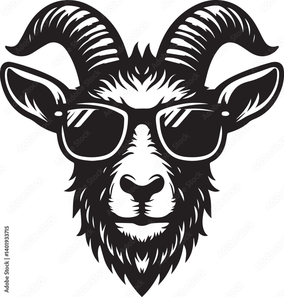 Obraz premium goat wearing sunglasses illustration, goat head and sunglass silhouette vector isolated on white background