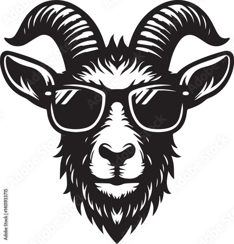 goat wearing sunglasses illustration, goat head and sunglass silhouette vector isolated on white background