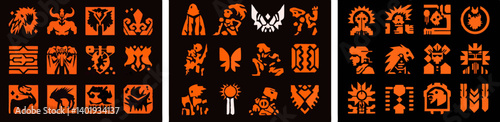 Orange Tribal Symbols: An intriguing arrangement of intricate and abstract tribal symbols in orange hues set against a stark black background.
