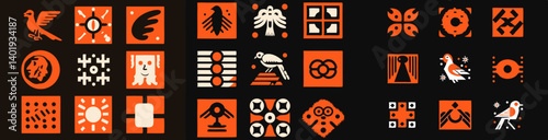 Geometric Bird Motifs: A collection of twenty-five unique geometric bird motifs in a repeating pattern, featuring a striking palette of orange and black.  Perfect for textile design, branding.