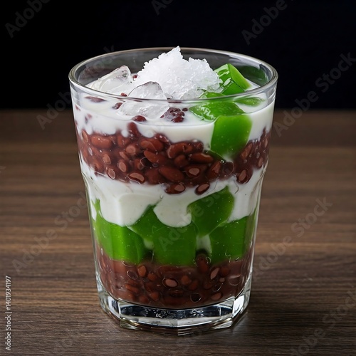 Vietnamese dessert with A glass of che ba mau (three-color dessert) with layers of red beans, pandan jelly, and coconut milk, topped with crushed ice,	
  photo