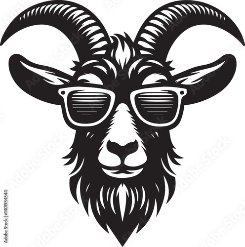goat wearing sunglasses illustration, goat head and sunglass silhouette vector isolated on white background