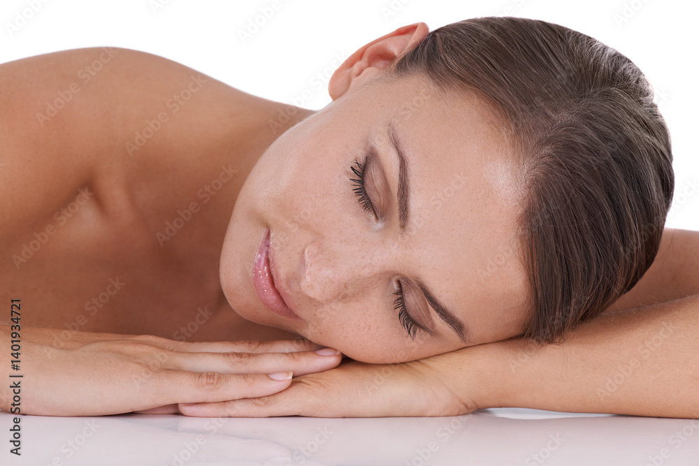 Massage, table and woman in spa to relax with peace in physical therapy and skincare. Wellness, treatment and person lying down in salon for luxury physiotherapy for holistic healing and happiness Massage, table and woman in spa to relax with peace in physical therapy and skincare. Wellness, treatment and person lying down in salon for luxury physiotherapy for holistic healing and happiness