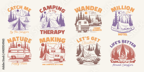 Vintage camping graphic t-shirt designs bundle, Camping vector graphic set for print. Adventure and hiking design collection, emblem, label