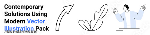 Arrow showing progress, abstract leaf design, person gesturing dynamically, concepts of innovation, growth, and creativity. Ideal for branding, marketing, design education tech startups flat