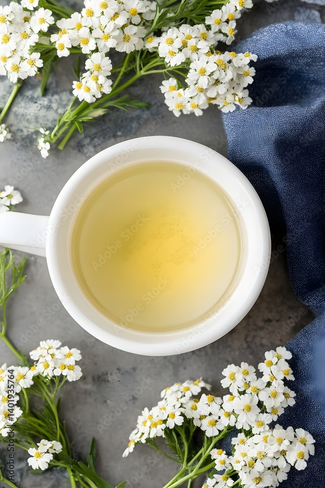 Herbal Yarrow Tea in White Mug Top View Herbal Yarrow Tea in White Mug Top View