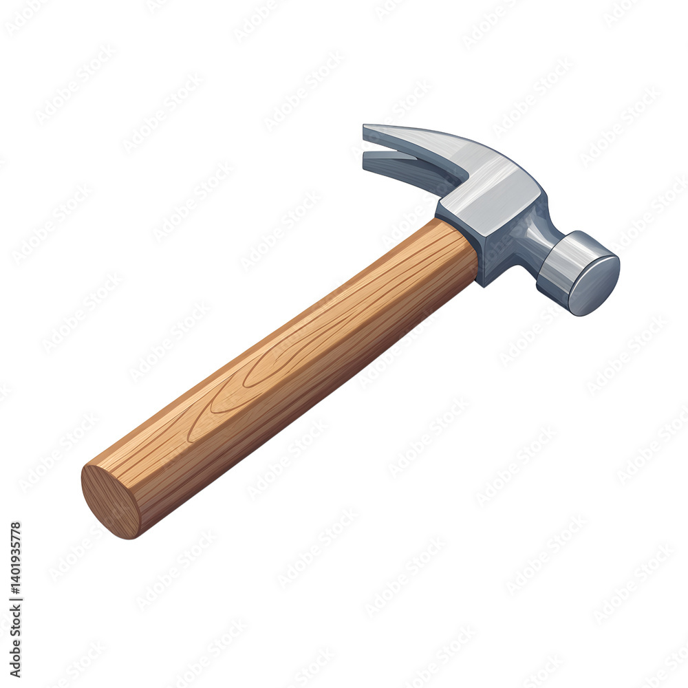 Isometric 3D Hammer Icon – Minimal Construction Tool Vector with Wooden Handle and Metal Head, A clean isometric 3D icon of a hammer, featuring a metallic head and wooden or rubber handle. Designed in
