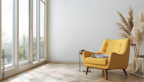 Modern living room with armchair and sofa in a cozy contemporary interior design
