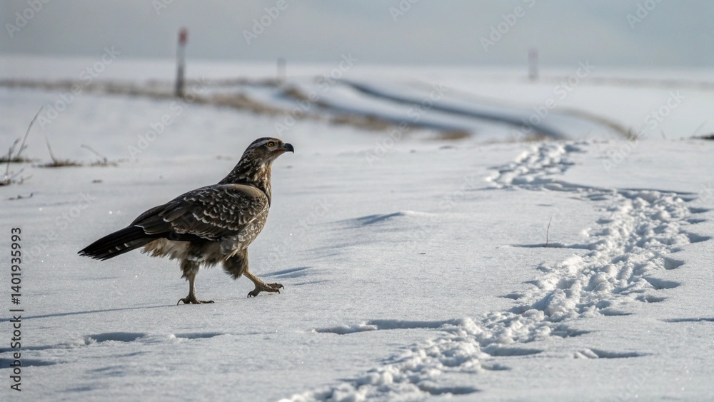 Obraz premium bird on winter snow wildlife footprint