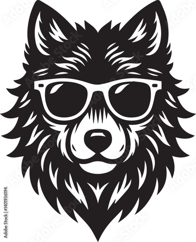 wolf head and sunglass vector illustration, wolf head and sunglass silhouette vector, wolf logo vector black on white background
