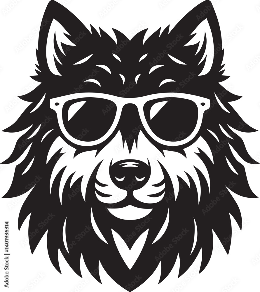 Fototapeta premium wolf head and sunglass vector illustration, wolf head and sunglass silhouette vector, wolf logo vector black on white background